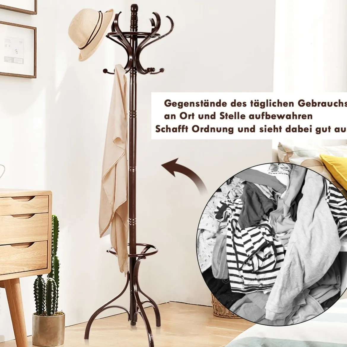 Garderobenständer Kleiderständer Garderobe mit 12 Haken Braun/Schwarz/Natur/Weiß