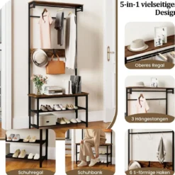 Garderobenständer mit Bank & Schuhaufbewahrung 5-in-1 Flurorganizer mit Ablagefach Kleiderstangen Rustikales Braun