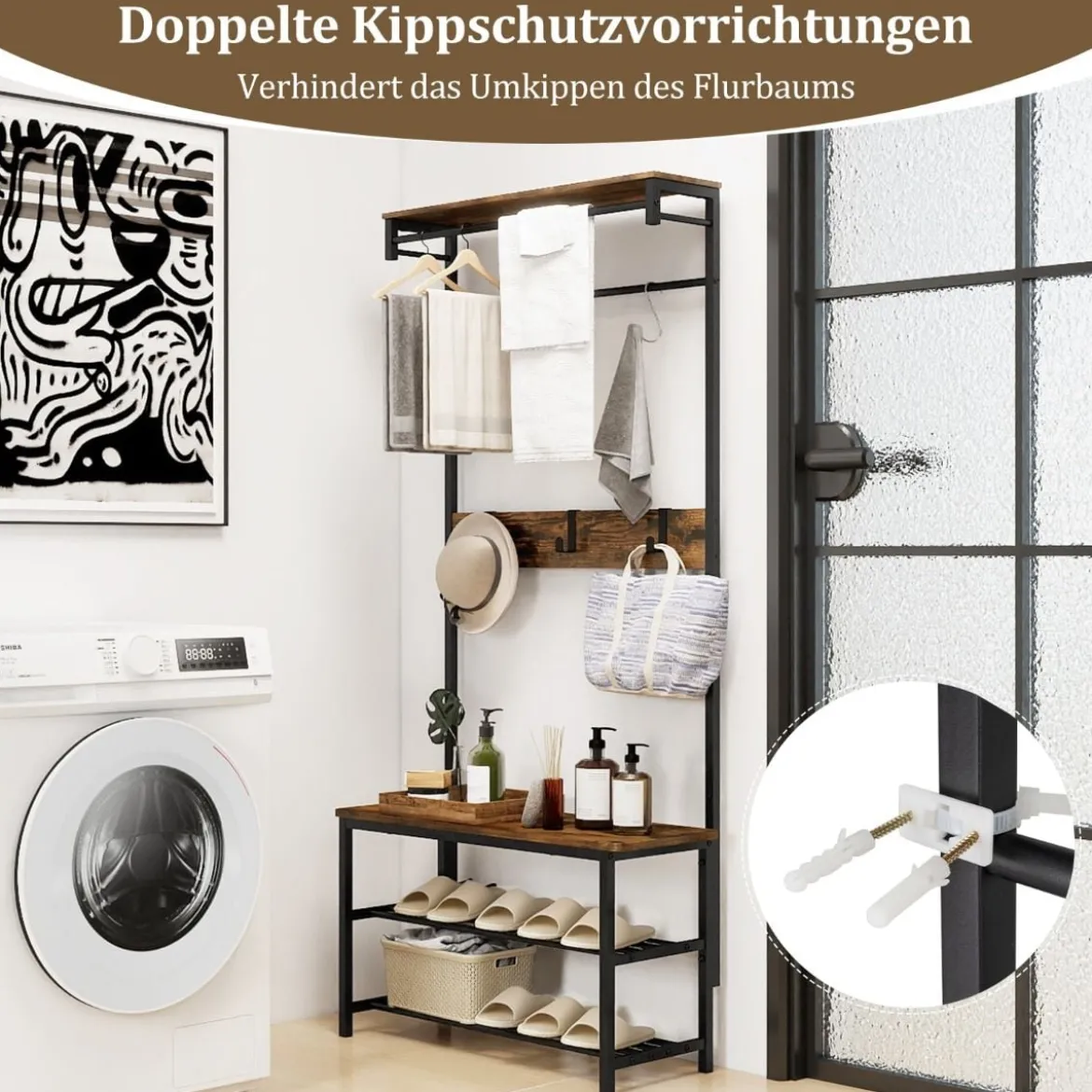 Garderobenständer mit Bank & Schuhaufbewahrung 5-in-1 Flurorganizer mit Ablagefach Kleiderstangen Rustikales Braun