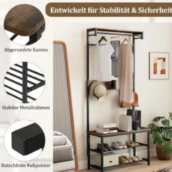 Garderobenständer mit Bank & Schuhaufbewahrung 5-in-1 Flurorganizer mit Ablagefach Kleiderstangen Rustikales Braun