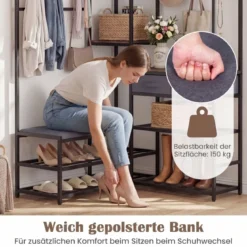 Garderobenständer mit Gepolsterter Sitzbank & Schuhregal Kleiderständer mit 2 Stoffschubladen