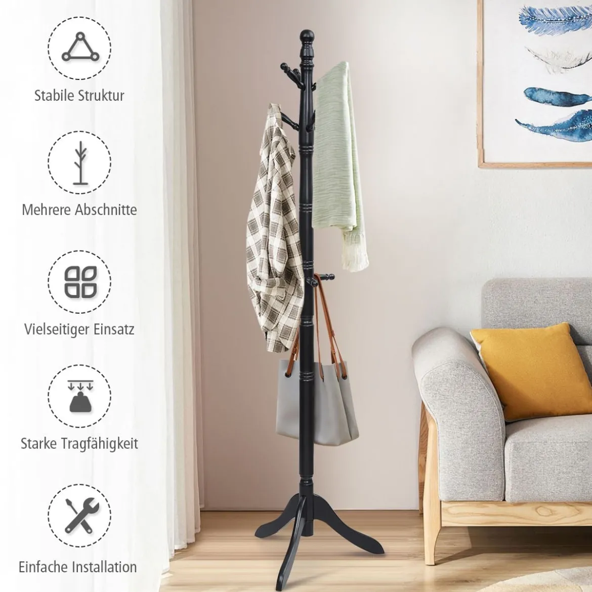 Garderobenständer mit 9 Haken freistehender Kleiderständer mit verstellbarer höhen 175 cm Schwarz