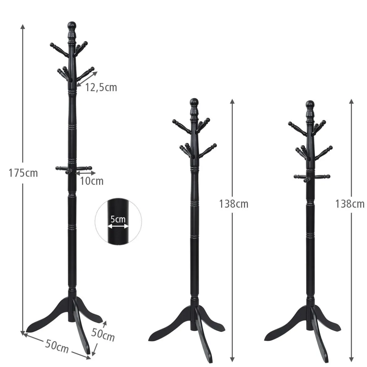 Garderobenständer mit 9 Haken freistehender Kleiderständer mit verstellbarer höhen 175 cm Schwarz