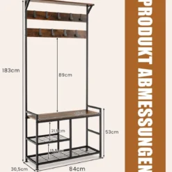 Garderobenständer mit 9 Haken & Schuhregal 3 Ebenen Garderobe Industrie-Design Braun