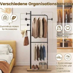 Garderobenständer mit 2 Kleiderstangen Standgarderobe aus Metall mit 4 Haken & Schuhablage