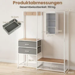 Garderobenständer mit 2 Schubladen & Schuhregal Kleiderständer mit Kleiderstange Ablagen & Haken