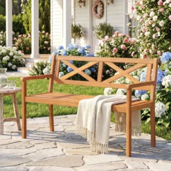 Gartenbank aus Akazienholz 2-Sitzer Holzbank Outdoor Sitzbank mit Rückenlehne & Armlehnen Balkonbank
