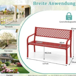 Gartenbank Metall wetterfeste Sitzbank für 2 Personen Metallbank bis 360 kg belastbar 127 x 59 x 82 cm Rot