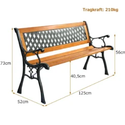 Gartenbank mit Gusseisen-Struktur für draußen 125 x 52 x 73 cm Schwarz + Natur