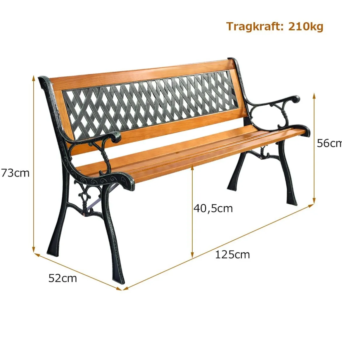 Gartenbank mit Gusseisen-Struktur für draußen 125 x 52 x 73 cm Schwarz + Natur