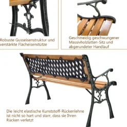 Gartenbank mit Gusseisen-Struktur für draußen 125 x 52 x 73 cm Schwarz + Natur