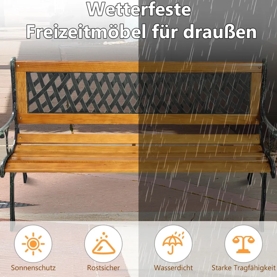 Gartenbank mit Gusseisen-Struktur für draußen 125 x 52 x 73 cm Schwarz + Natur