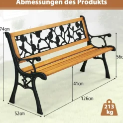 Gartenbank mit Metallgussrahmen & Holzsitz Ergonomische Sitzbank für 3 Personen 127,5 cm Lang