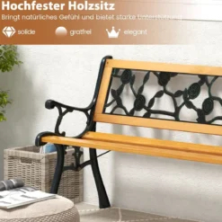 Gartenbank mit Metallgussrahmen & Holzsitz Ergonomische Sitzbank für 3 Personen 127,5 cm Lang