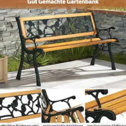 Gartenbank mit Metallgussrahmen & Holzsitz Ergonomische Sitzbank für 3 Personen 127,5 cm Lang