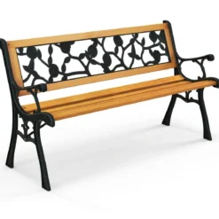 Gartenbank mit Metallgussrahmen & Holzsitz Ergonomische Sitzbank für 3 Personen 127,5 cm Lang
