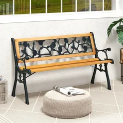 Gartenbank mit Metallgussrahmen & Holzsitz Ergonomische Sitzbank für 3 Personen 127,5 cm Lang