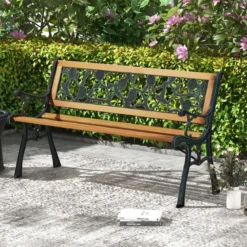 Gartenbank mit Metallgussrahmen & Holzsitz Ergonomische Sitzbank für 3 Personen 127,5 cm Lang