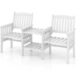 Gartenbank mit Tisch 2-Sitzer Bank mit 5 cm Schirmloch Holzbank aus Tannenholz bis 330 kg 165 x 60 x 88 cm Weiß