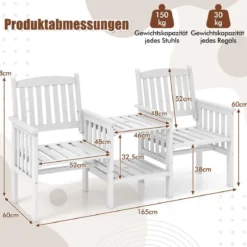 Gartenbank mit Tisch 2-Sitzer Bank mit 5 cm Schirmloch Holzbank aus Tannenholz bis 330 kg 165 x 60 x 88 cm Weiß
