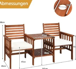 Gartenbank mit Tisch 2 Sitzer Holzbank mit Schirmloch & Sitzkissen Sitzbank Braun+Weiß
