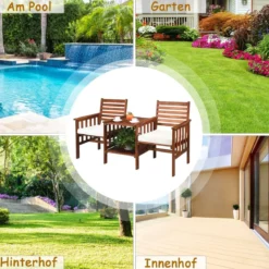 Gartenbank mit Tisch 2 Sitzer Holzbank mit Schirmloch & Sitzkissen Sitzbank Braun+Weiß
