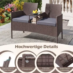Gartenbank mit Tisch 2-Sitzer Polyrattan Sitzgruppe Sitzbank Gartenmöbel Terrassenmöbel Grau