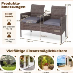 Gartenbank mit Tisch 2-Sitzer Polyrattan Sitzgruppe Sitzbank Gartenmöbel Terrassenmöbel Grau