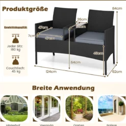 Gartenbank mit Tisch 2-Sitzer Polyrattan Sitzbank Sitzgruppe Gartenmöbel Terrassenmöbel Grau