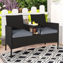 Gartenbank mit Tisch 2-Sitzer Polyrattan Sitzbank Sitzgruppe Gartenmöbel Terrassenmöbel Grau