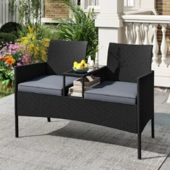 Gartenbank mit Tisch 2-Sitzer Polyrattan Sitzbank Sitzgruppe Gartenmöbel Terrassenmöbel Grau