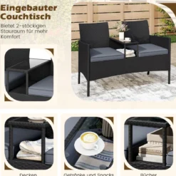 Gartenbank mit Tisch 2-Sitzer Polyrattan Sitzbank Sitzgruppe Gartenmöbel Terrassenmöbel Grau