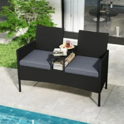 Gartenbank mit Tisch 2-Sitzer Polyrattan Sitzbank Sitzgruppe Gartenmöbel Terrassenmöbel Grau