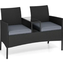 Gartenbank mit Tisch 2-Sitzer Polyrattan Sitzbank Sitzgruppe Gartenmöbel Terrassenmöbel Grau