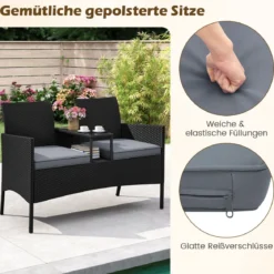 Gartenbank mit Tisch 2-Sitzer Polyrattan Sitzbank Sitzgruppe Gartenmöbel Terrassenmöbel Grau
