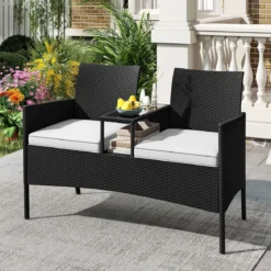 Gartenbank mit Tisch 2-Sitzer Polyrattan Sitzbank Sitzgruppe Gartenmöbel Terrassenmöbel Weiß