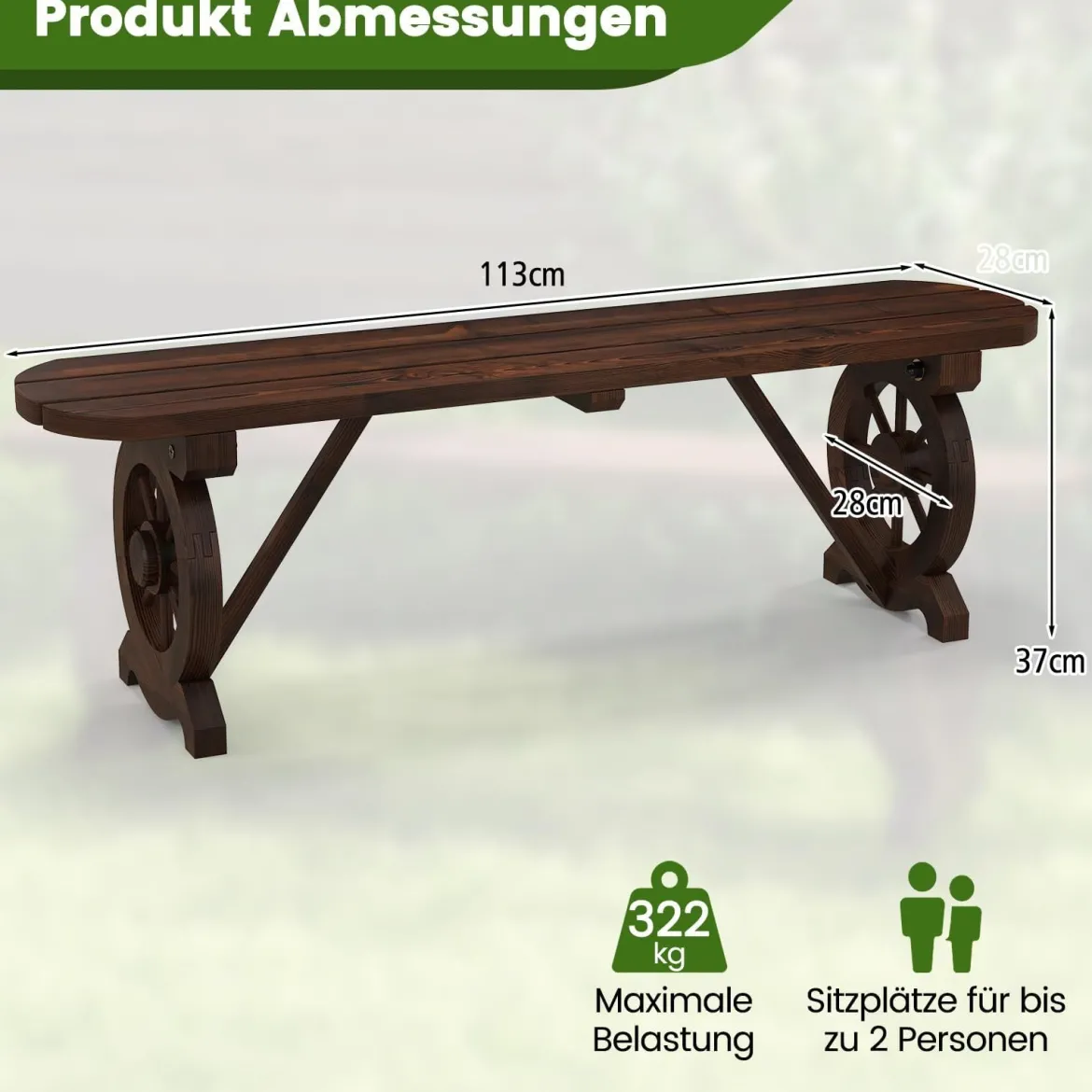 Gartenbank ohne Rückenlehne Wetterfeste Sitzbank Holzbank für 2-3 Sitzer bis 325 kg Belastbar Rustikalbraun
