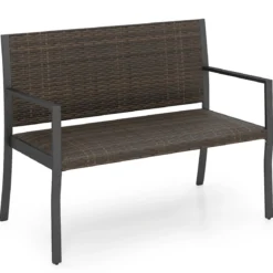 Gartenbank Rattan Outdoor Sitzbank mit Rückenlehne & Armlehnenfür 2 Personen Braun