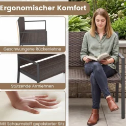 Gartenbank Rattan Outdoor Sitzbank mit Rückenlehne & Armlehnenfür 2 Personen Braun