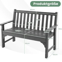 Gartenbank wetterfest 2-Sitzer Sitzbank bis 320 kg Belastbar 126 x 60 x 90 cm Grau