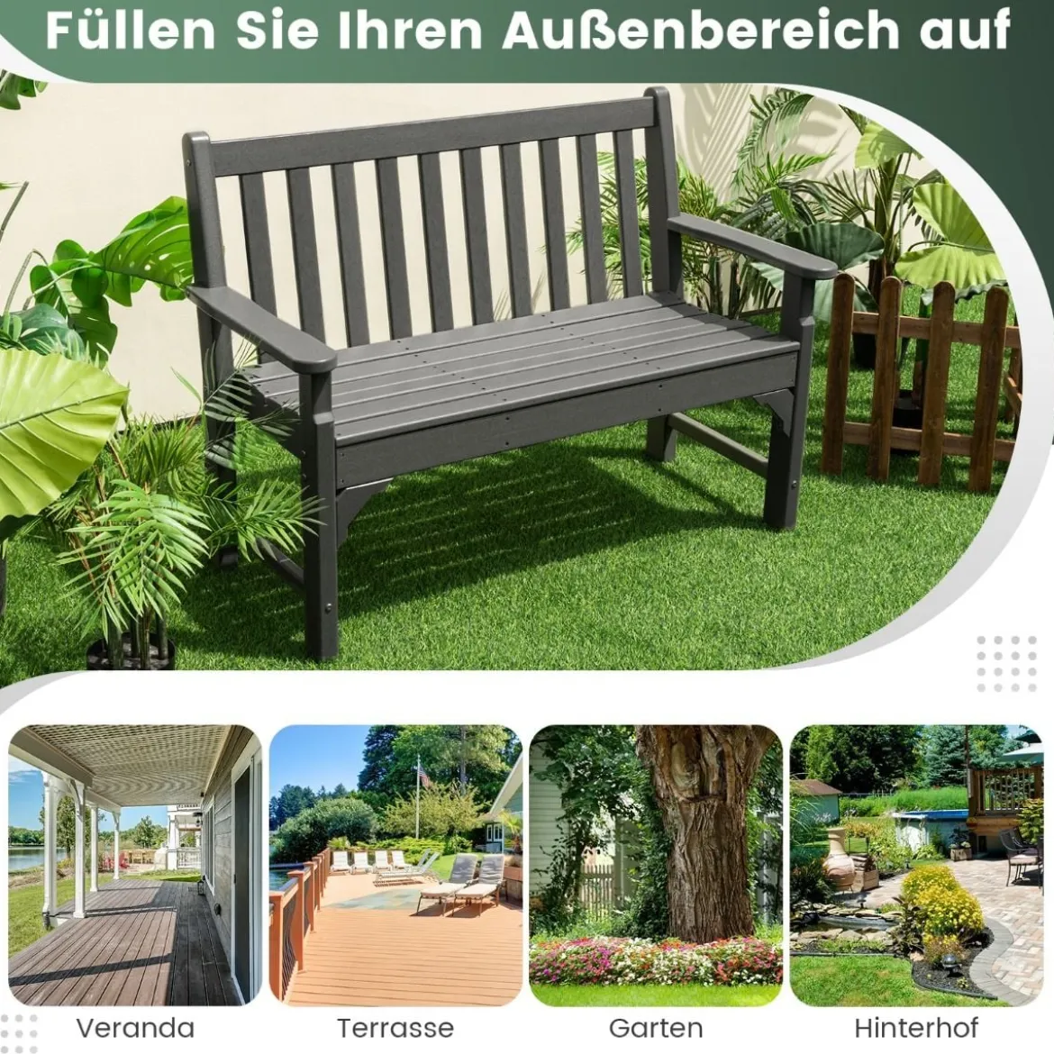 Gartenbank wetterfest 2-Sitzer Sitzbank bis 320 kg Belastbar 126 x 60 x 90 cm Grau