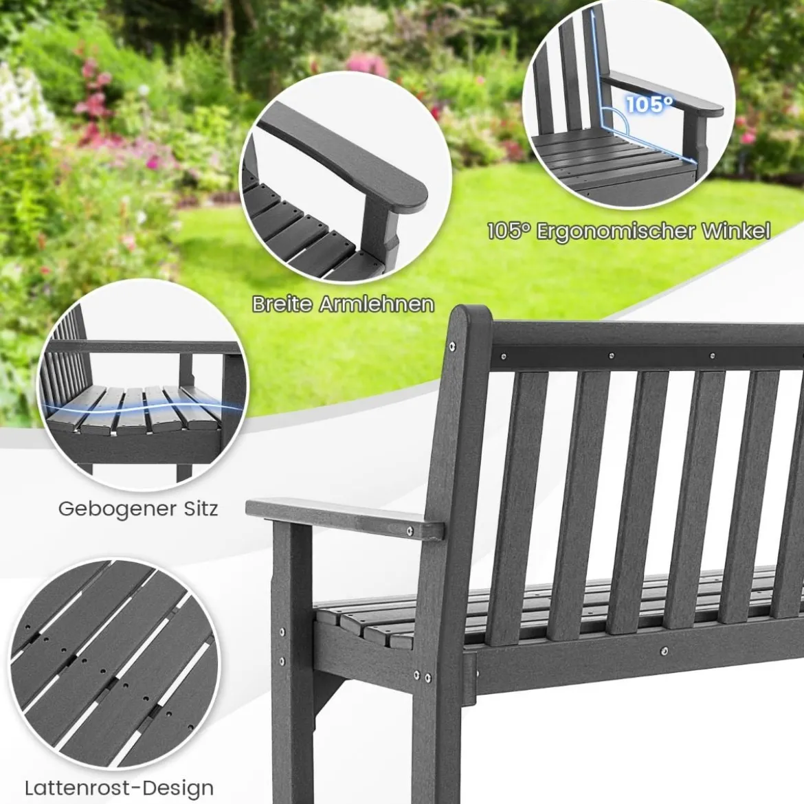 Gartenbank wetterfest 2-Sitzer Sitzbank bis 320 kg Belastbar 126 x 60 x 90 cm Grau