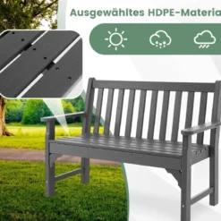 Gartenbank wetterfest 2-Sitzer Sitzbank bis 320 kg Belastbar 126 x 60 x 90 cm Grau