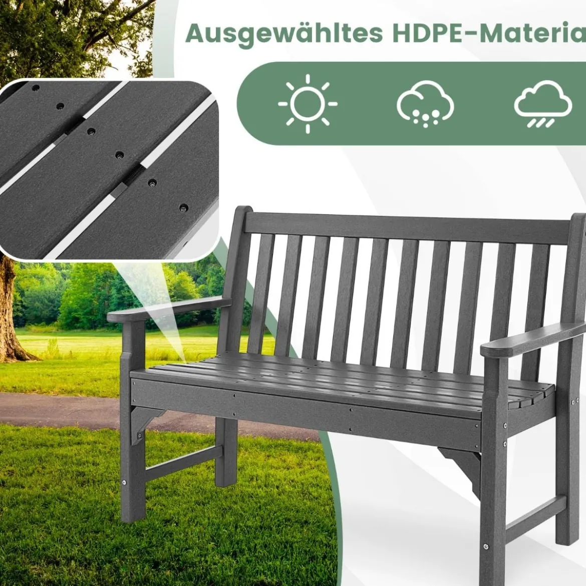 Gartenbank wetterfest 2-Sitzer Sitzbank bis 320 kg Belastbar 126 x 60 x 90 cm Grau