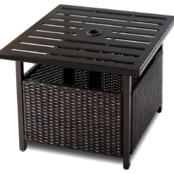 Garten Beistelltisch Rattan Gartentisch mit Schirmloch 55,5 x 55,5 x 46 cm Dunkelbraun