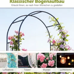 Gartenbogen Metall Bogen-Spalier mit abschließbarem Tor Bodenplatten & Erdspießen Rankgitter Schwarz