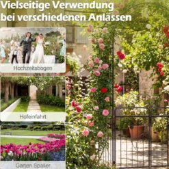 Gartenbogen Metall Bogen-Spalier mit abschließbarem Tor Bodenplatten & Erdspießen Rankgitter Schwarz