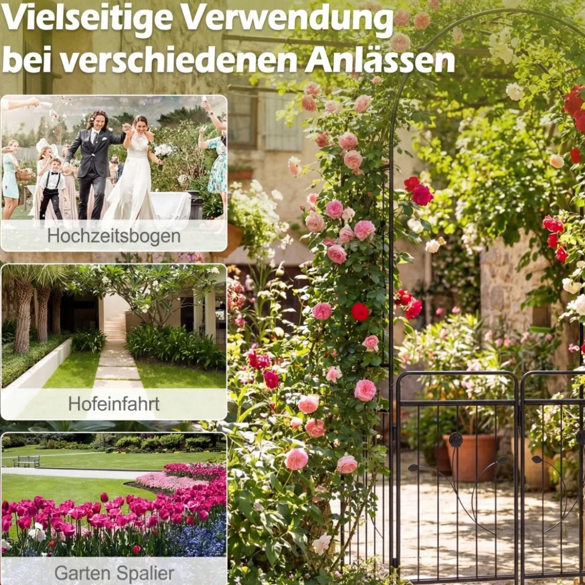 Gartenbogen Metall Bogen-Spalier mit abschließbarem Tor Bodenplatten & Erdspießen Rankgitter Schwarz