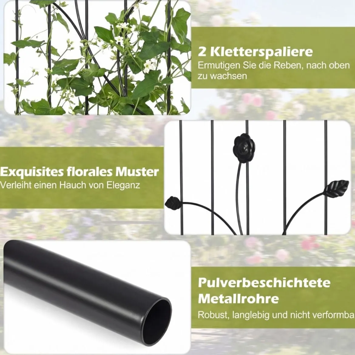 Gartenbogen Metall Bogen-Spalier mit abschließbarem Tor Bodenplatten & Erdspießen Rankgitter Schwarz