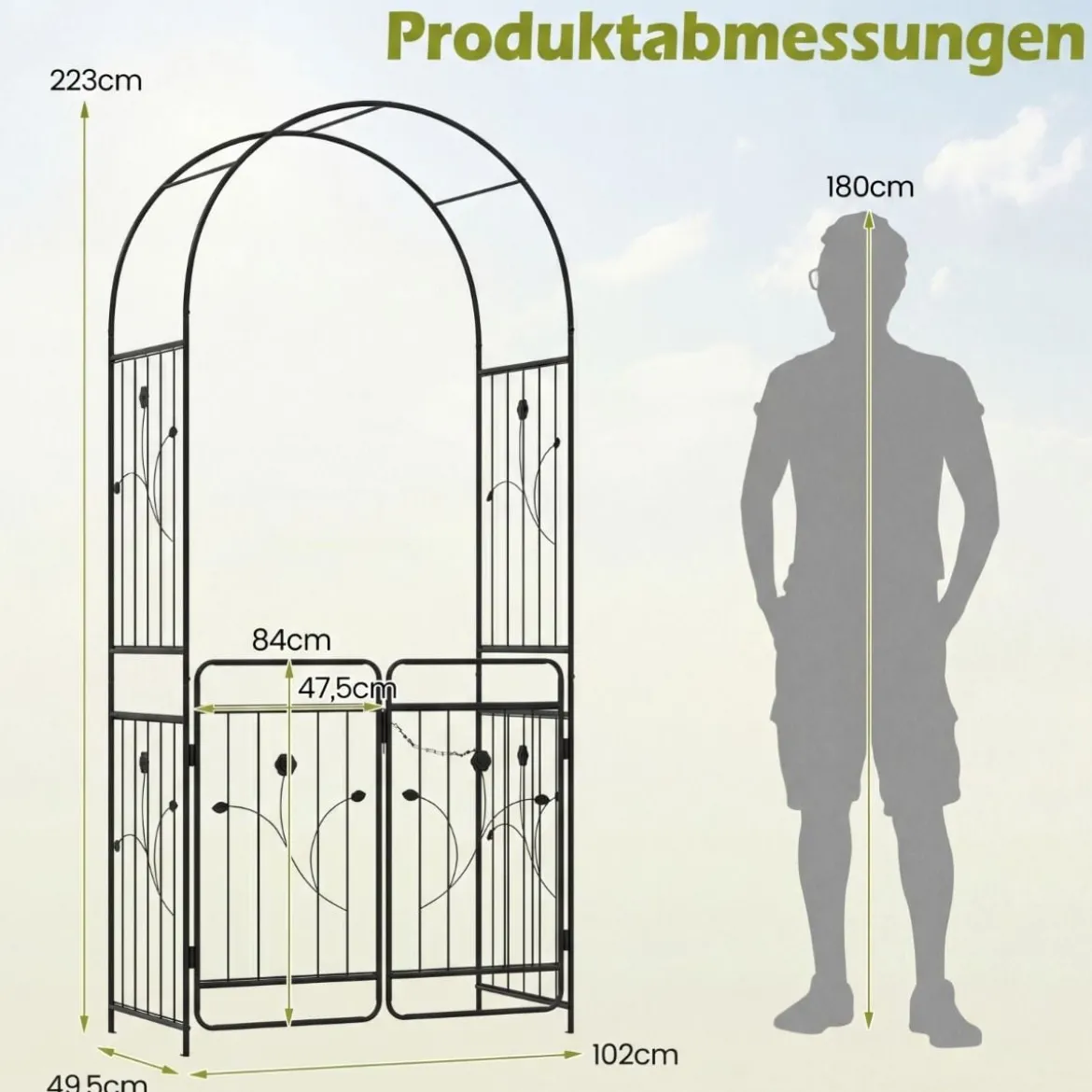 Gartenbogen Metall Bogen-Spalier mit abschließbarem Tor Bodenplatten & Erdspießen Rankgitter Schwarz